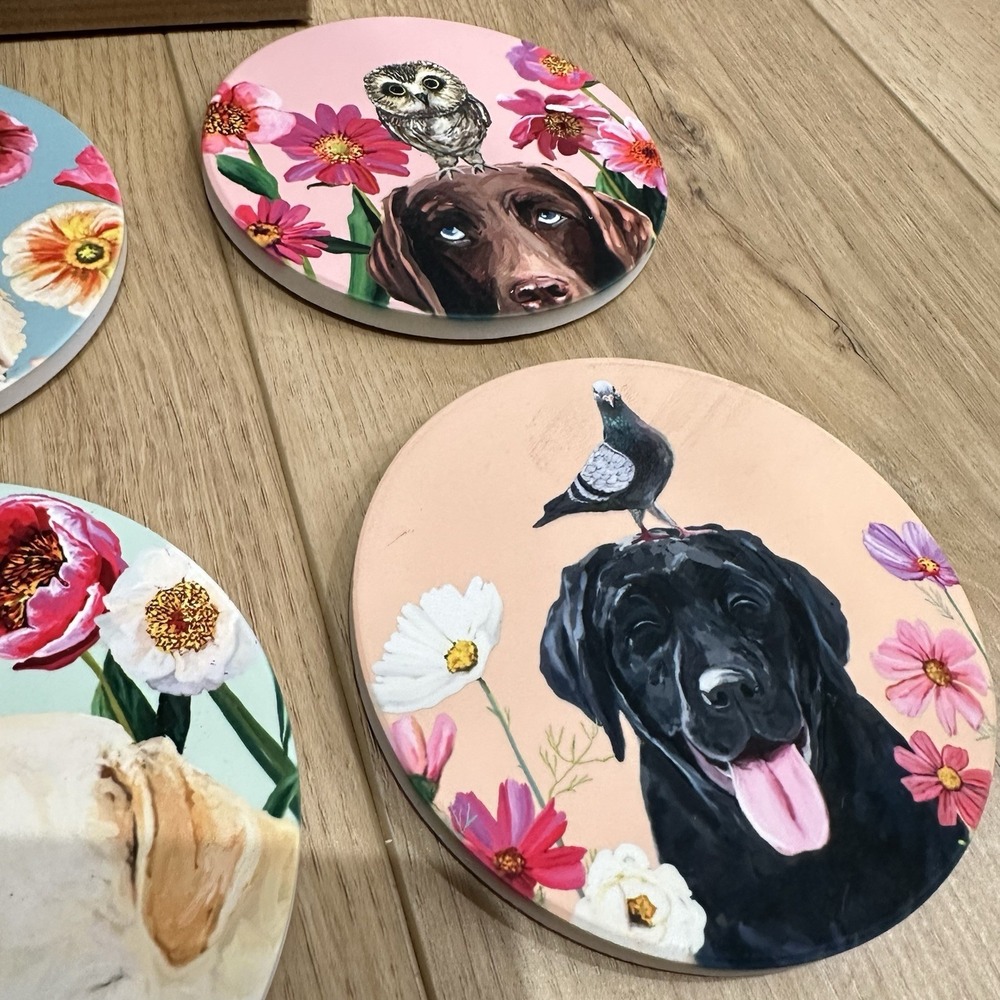 New In Box Whimsical Colorful Ceramic Labrador‎ Retriever Coaster Set 4 Handmade - Picture 3 of 5